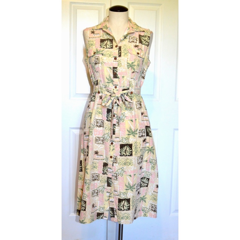 Vintage Tropical AL Sleeveless Silk Dress Womens Size S‎ Button Front Belted